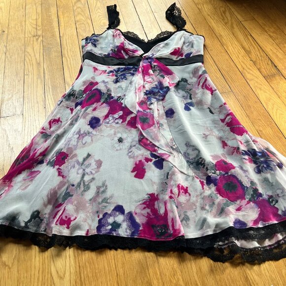 Karen Millen Babydoll Size 8 Black White Pink Silk Floral Lace Trim Sleeveless D - Picture 8 of 15